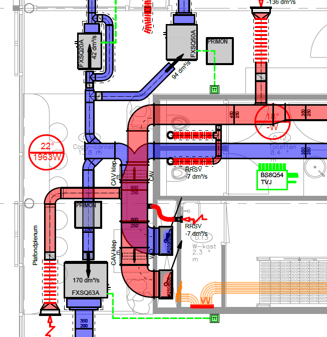 Installatietekening met het ontwerp van de gebouwinstallaties